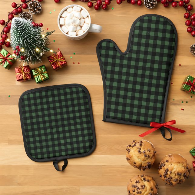 Rustic Christmas Green & Black Buffalo Plaid Ofenhandschuh & Topflappen-Set (Von Creator hochgeladen)
