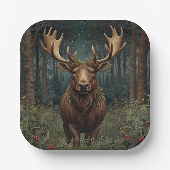 Rustic Christmas moose deer boho woodland forest  Pappteller (Vorderseite)