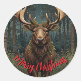 Rustic Christmas moose deer boho woodland forest Runder Aufkleber