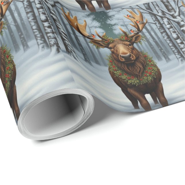 Rustic Christmas moose winter woodland forest  Geschenkpapier (Rolleneckpunkt)