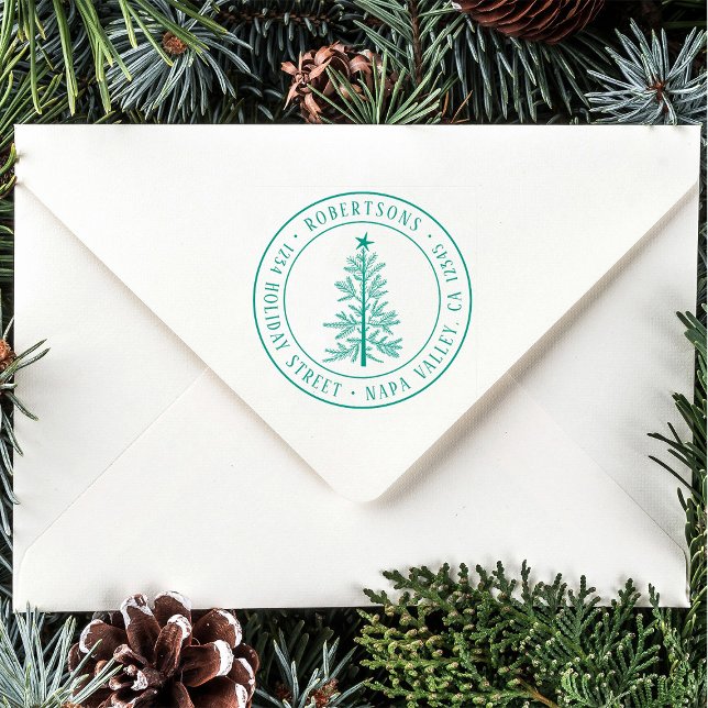 Rustic Christmas Pine Tree Return Address Round Gummistempel (Von Creator hochgeladen)
