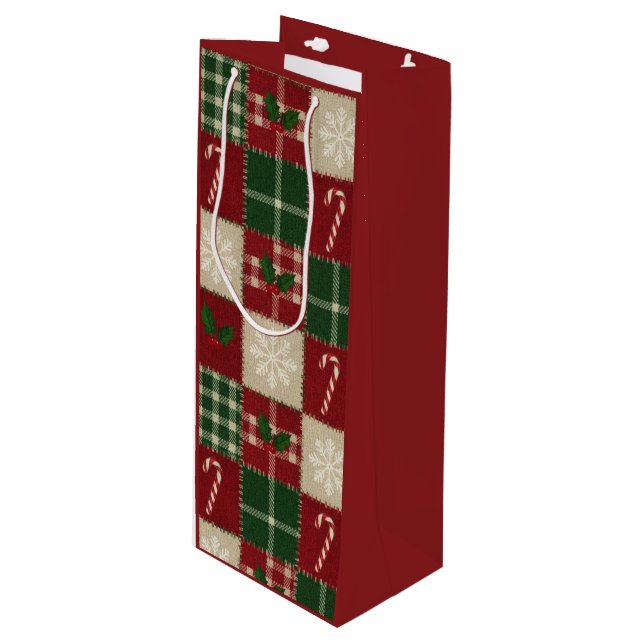 Rustic Christmas Quilt Plaid Geschenktüte Für Weinflaschen (Vorderseite Schrägansicht)