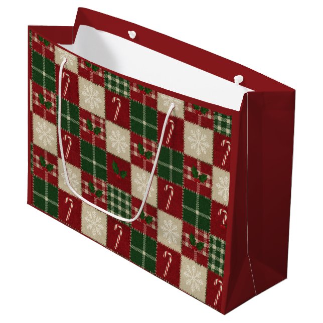 Rustic Christmas Quilt Plaid Große Geschenktüte (Vorderseite Schrägansicht)