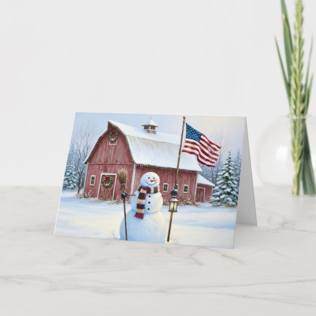Rustic Christmas Snowman American Flag Feiertagskarte (Vorderseite)
