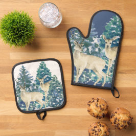 Rustic Christmas Snowy Forest Deer Decor For Home Ofenhandschuh & Topflappen-Set