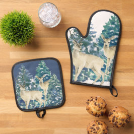 Rustic Christmas Snowy Forest Deer Decor For Home Ofenhandschuh & Topflappen-Set