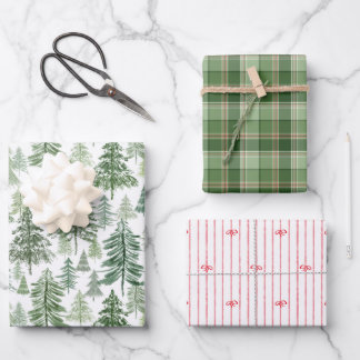 Rustic Christmas Trees Plaid and Red Stripe Bows Geschenkpapier Set