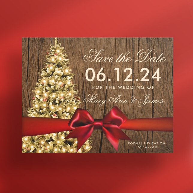 Rustic Christmas Wedding Save Date Tree & Ribbon Ankündigungspostkarte (Rustic Christmas Wedding Save Date Tree & Ribbon Announcement Postcard)