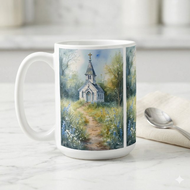 Rustic Church Path in Wildflower Meadow Kaffeetasse (Rustic Church Path in Wildflower Meadow Coffee Mug On Kitchen Counter)
