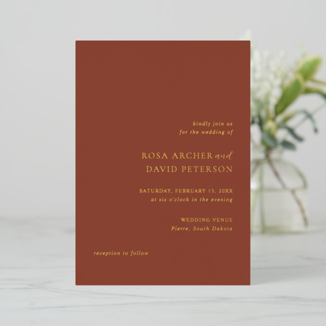 Rustic Copper Editorial Modern Wedding Folieneinladung (Stehend vorne)