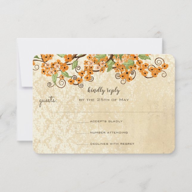 Rustic Coral Orange Spring Blossom Wedding RSVP Karte (Vorderseite)