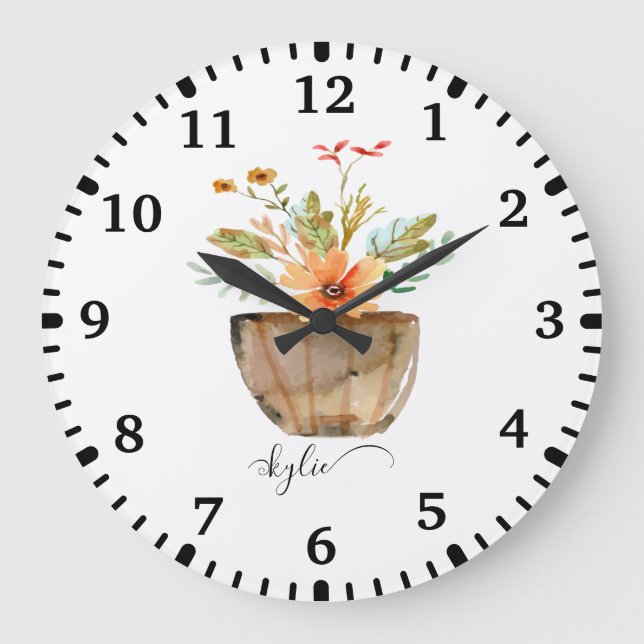 Rustic Coral Painted Flowers Große Wanduhr (Vorderseite)