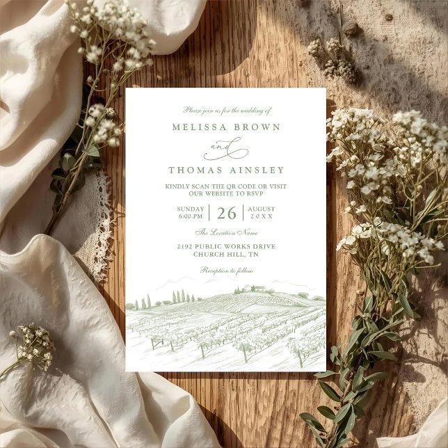 Rustic Country Art Line Elegant QR Code Wedding Einladung (Von Creator hochgeladen)