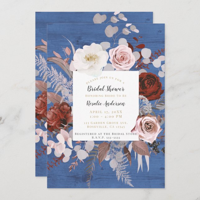 Rustic Country Blue Wood Floral Bloom Bridal Showe Einladung (Vorne/Hinten)