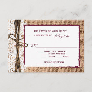 Rustic Country Burlap Cranberry Wedding RSVP Cards