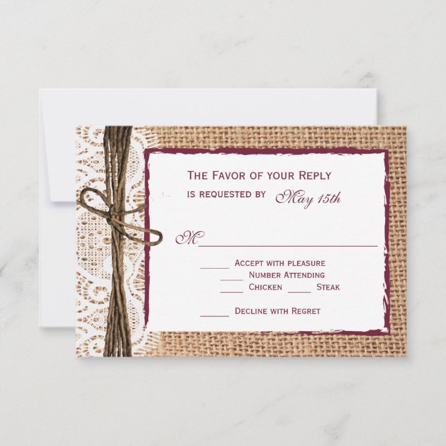 Rustic Country Burlap Cranberry Wedding RSVP Cards (Vorderseite)