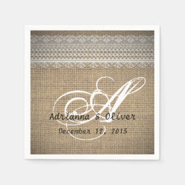 Rustic Country Burlap Lace Wedding Monogram Serviette