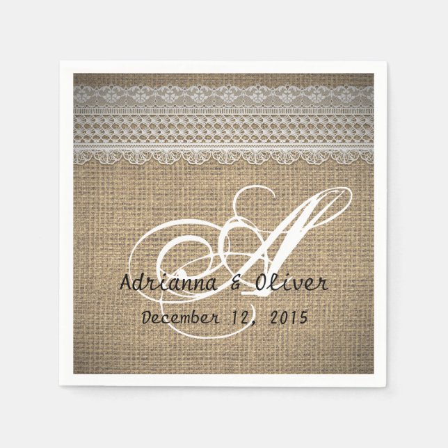Rustic Country Burlap Lace Wedding Monogram Serviette (Vorderseite)
