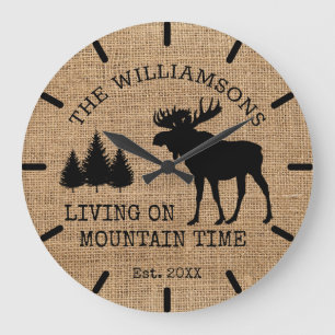 Rustic Country Burlap Living Mountain Time Moose Große Wanduhr
