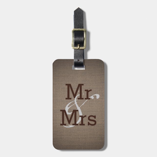 Rustic Country Burlap Monogram Wedding Mr. und Mrs Gepäckanhänger (Vorderseite vertikal)
