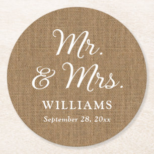 Rustic Country Burlap Mr. und Mrs. Wedding Unterse Runder Pappuntersetzer