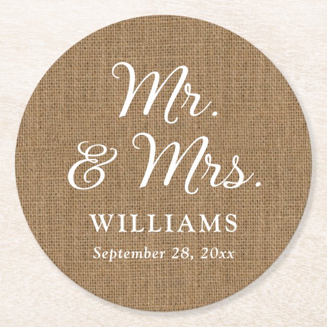 Rustic Country Burlap Mr. und Mrs. Wedding Unterse Runder Pappuntersetzer (Vorderseite)