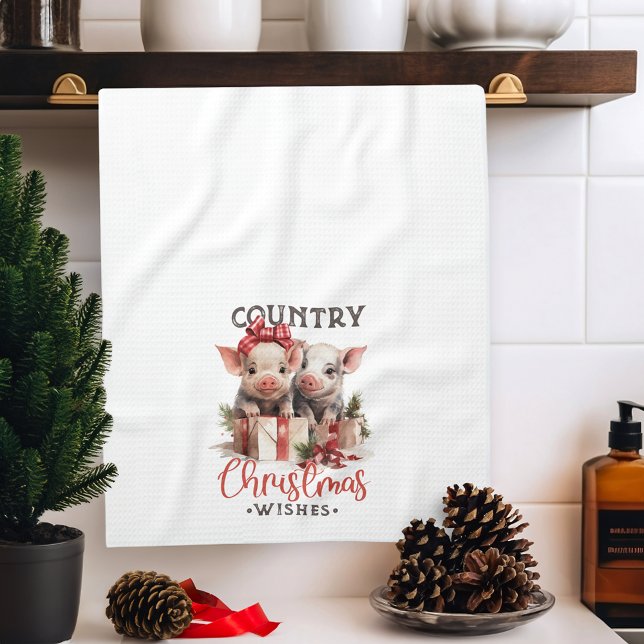 Rustic Country Christmas Wishes Cute Pig Geschirrtuch (Von Creator hochgeladen)