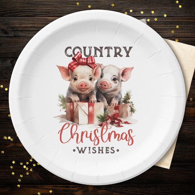 Rustic Country Christmas Wishes Cute Pig Pappteller (Von Creator hochgeladen)