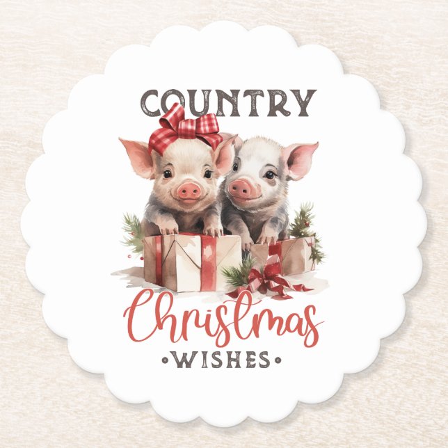 Rustic Country Christmas Wishes Cute Pig Untersetzer (Vorderseite)