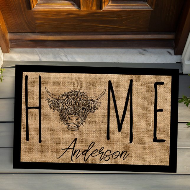 Rustic Country Cool Cow Faux Burlap Family Name Fußmatte (Von Creator hochgeladen)
