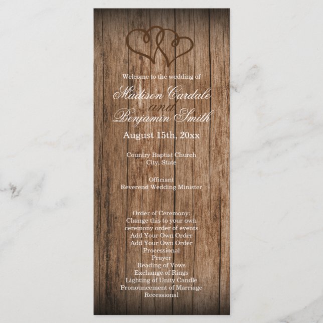 Rustic Country Double Hearts Wood Wedding Programm (Vorderseite)