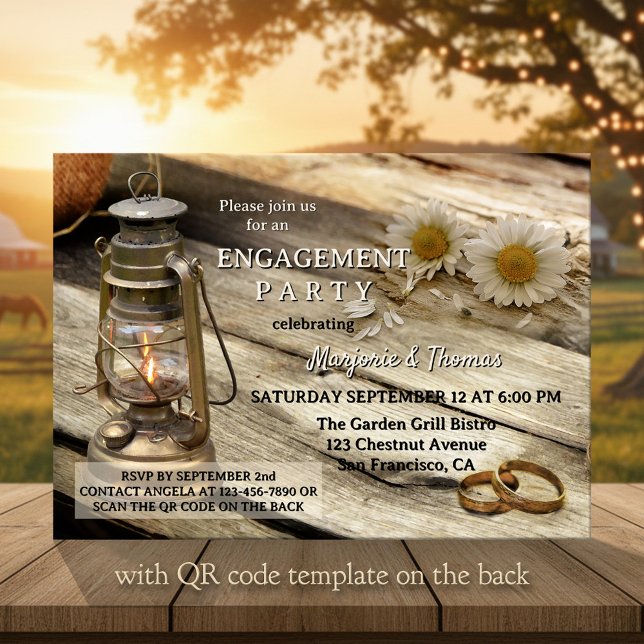 Rustic Country Engagement Party  Einladung (Engagement invitation in a country style with a rustic wood table with lantern, rings and daisies)