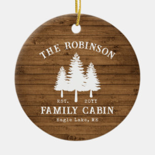 Rustic Country Family Cabin Trees Wood Plank Print Keramik Ornament