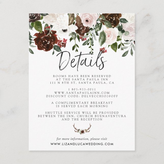 Rustic Country Floral Boho Hochzeiten Gastdetails Begleitkarte (Vorderseite)