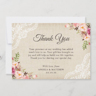 Rustic Country Floral Lace Burlap Vielen Dank Dankeskarte