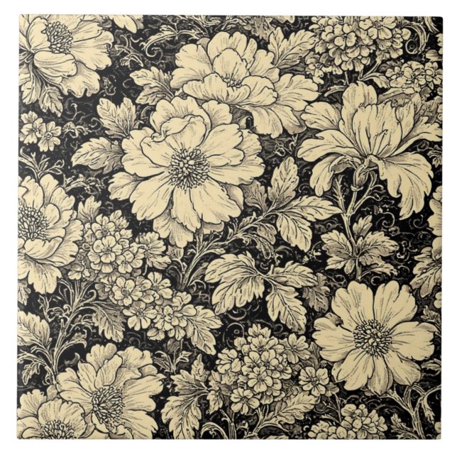 Rustic Country Floral Motifs Monochrome Distressed Fliese (Vorderseite)