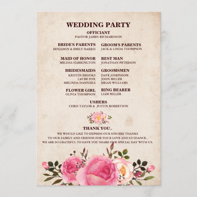 Rustic Country Floral Wedding Program Fan Back Programm (Vorderseite)