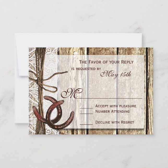 Rustic Country Horseshoe Wood Wedding RSVP Cards Karte (Vorderseite)