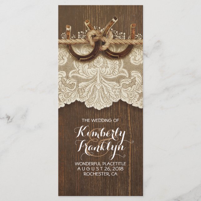 Rustic Country Horseshoes LaceWood Wedding Program Programm (Vorderseite)