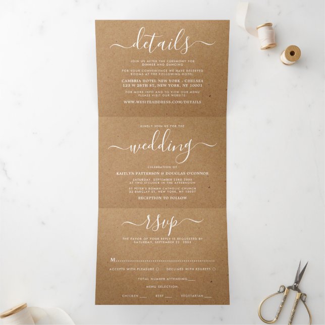 Rustic Country Kraft Simple Script Wedding Suite Dreifach Gefaltete Einladung (Innenseite)