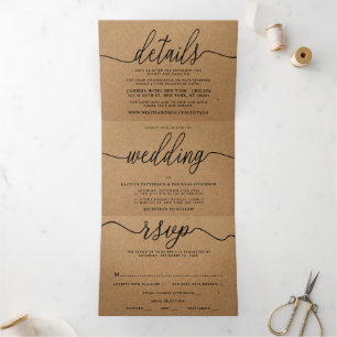 Rustic Country Kraft Simple Script Wedding Suite Dreifach Gefaltete Einladung