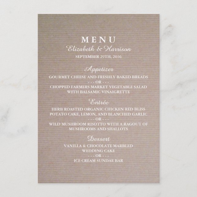 Rustic Country Kraft Wedding Menu Menükarte (Vorderseite)