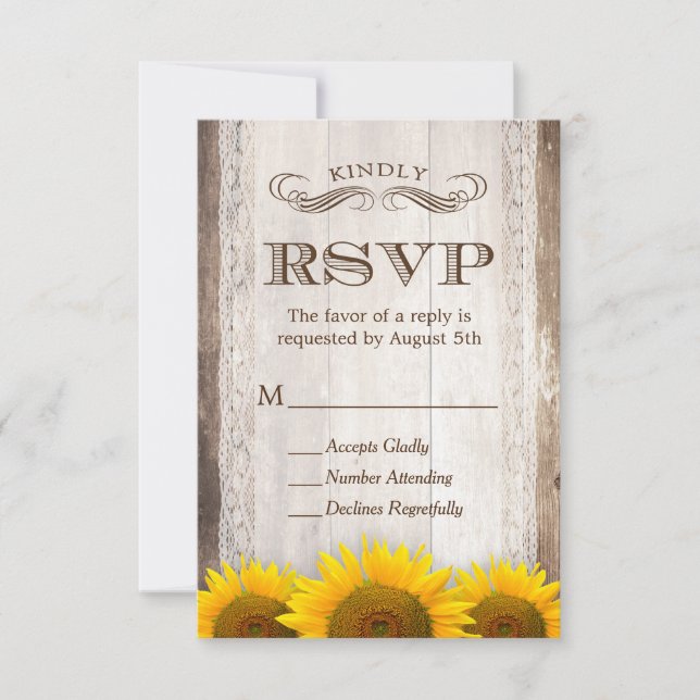 Rustic Country Lace Barn Wood Sunflower RSVP Card (Vorderseite)