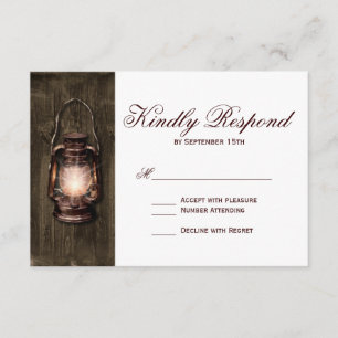 Rustic Country Lantern Barn Wood Wedding RSVP Card Karte
