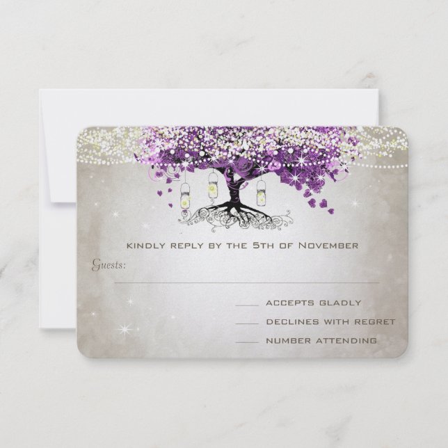 Rustic Country Luxe Lila Heart Leaf Wedding RSVP Karte (Vorderseite)