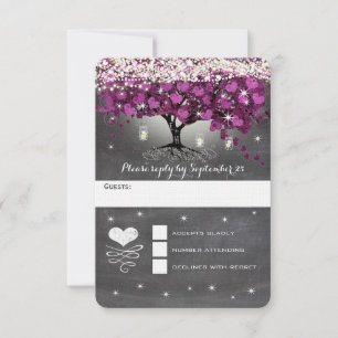 Rustic Country Luxe Lila Heart Leaf Wedding RSVP Karte