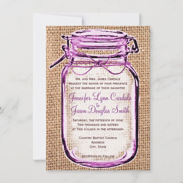 Rustic Country Mason Jar Burlap Einladung Hochzeit (Vorderseite)
