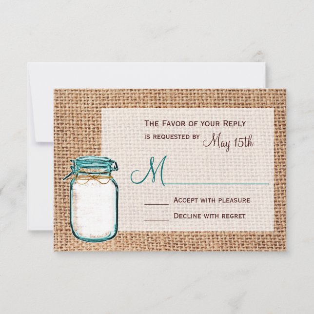 Rustic Country Mason Jar Burlap Wedding RSVP Cards Karte (Vorderseite)