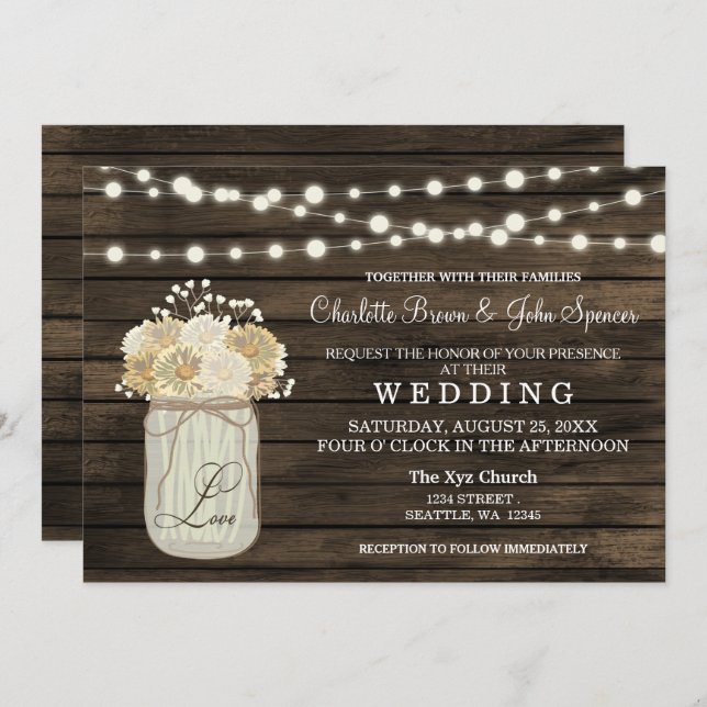 Rustic Country Mason Jar Daisy Barn Wood Wedding Einladung (Vorne/Hinten)