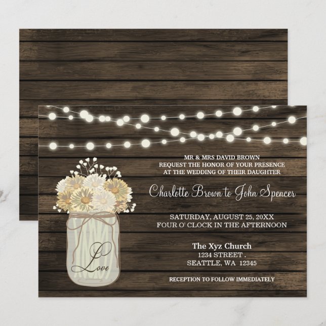Rustic Country Mason Jar Daisy Barn Wood Wedding Einladung (Vorne/Hinten)